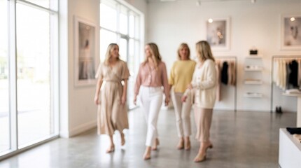 Fototapeta premium A group of four diverse women walking together through a bright modern clothing boutique, showcasing soft neutral tones and a relaxed, stylish atmosphere