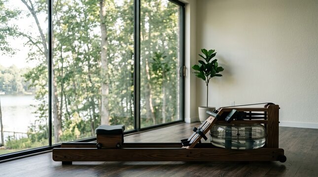 Wooden indoor rowing machine inside contemporary room with large glass windows