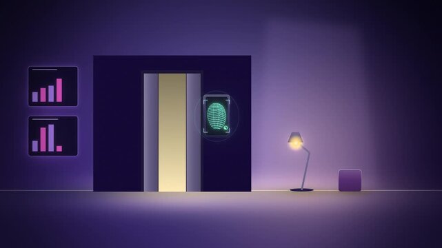 Purple elevator facial recognition scan unlocking