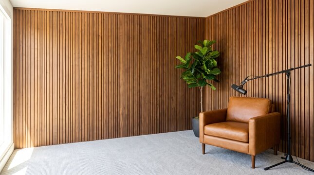 Rich walnut slat studio corner with leather armchair, microphone stand and fiddle leaf fig
