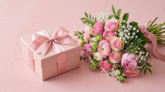 Elegant Pink Gift Box with Ribbon and Beautiful Pink Rose Bouquet Romantic Surprise Present