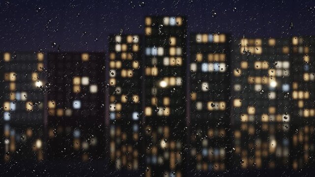 Raindrops sliding down a window glass at night with city buildings behind, seamless loop
