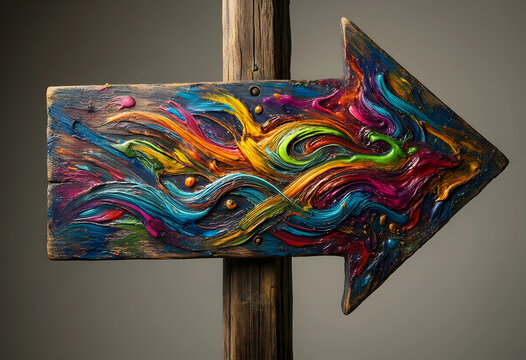 Direction and progress concept, colorful painted wooden arrow sign pointing right, creative path and growth strategy on a rustic textured background