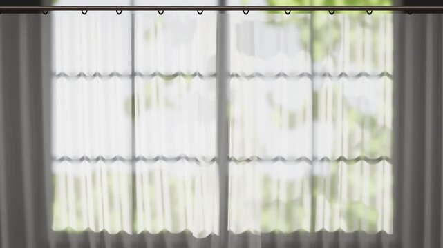 White sheer curtains gently blowing in the breeze in front of a sunny window, seamless loop