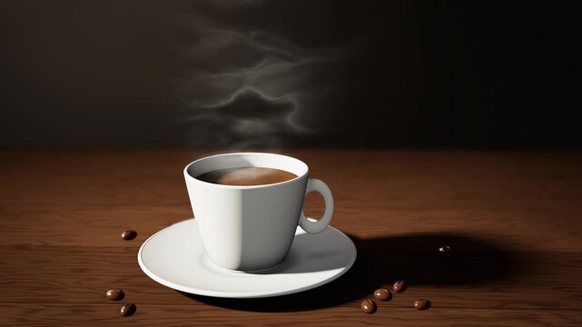 Steaming cup of hot coffee on a rustic wooden table in morning window light, seamless loop