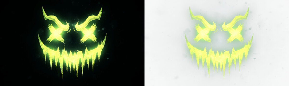 Neon glowing evil monster face with cross eyes and jagged teeth isolated on transparent background