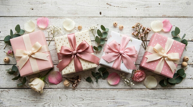 Elegant Pink Gift Boxes Tied with Ribbons and Decorated with Flowers on White Wooden Table