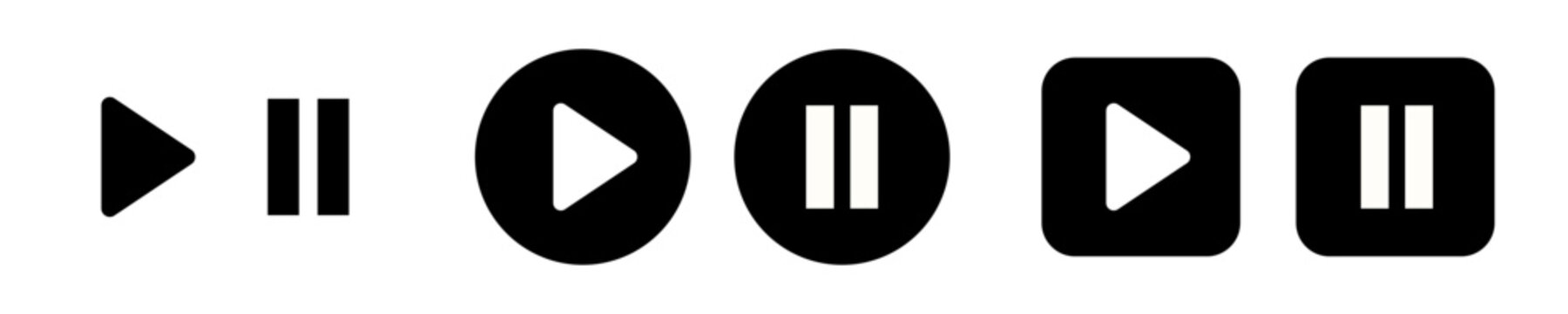 Play and pause icon set. Solid media player buttons. Video playback and audio control symbols for multimedia, music players and streaming interfaces