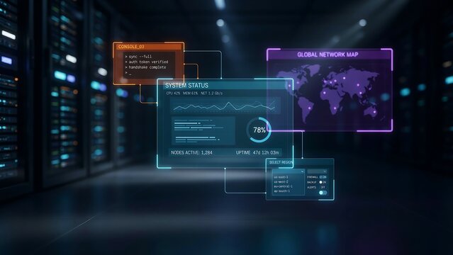 Futuristic data center server room with holographic system status interface displaying global network map and real-time server performance analytics