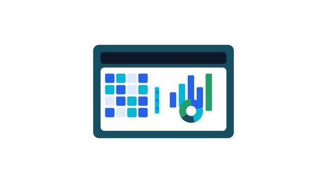 4K 2D flat vector animation depicting an AI-driven data analytics dashboard workflow. Raw data blocks flow from the left into the central processing hub, organize into structured rows, and dynamically