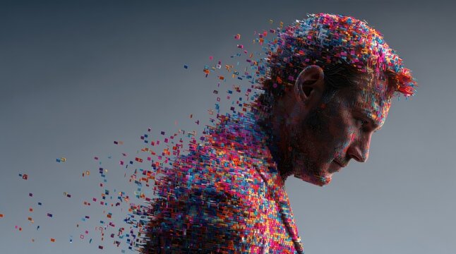 Artificial intelligence, digital human portrait breaks into colorful data fragments, symbolizing machine learning, digital identity and technological transformation.
