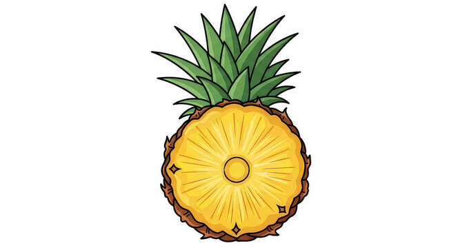 Fresh pineapple slice with green leaves isolated on a white