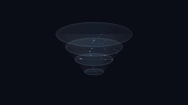 Glowing digital funnel shapes with abstract light effects on dark background