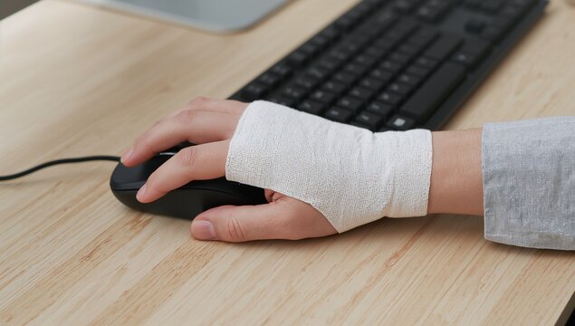 Injured Office Worker Hand with Bandage Using Computer Mouse Carpal Tunnel Syndrome Concept