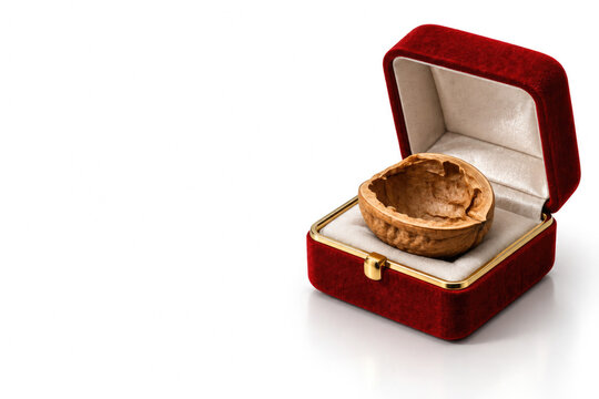 An empty walnut shell lies inside an open red jewelry box. Space for text.
