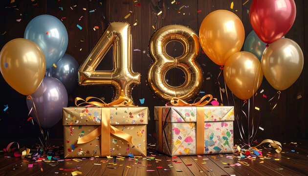 Golden ""48"" Balloons and Gift Boxes Birthday Celebration