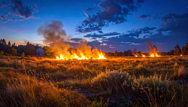 Night sky with stars over a field fire at dusk