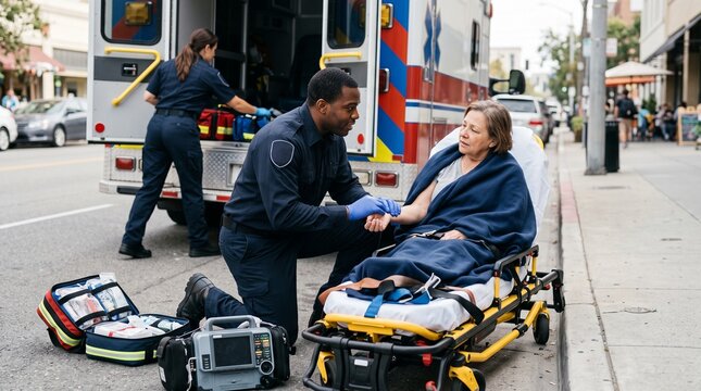 Paramedic checks pulse of elderly woman on stretcher next to ambulance on city street