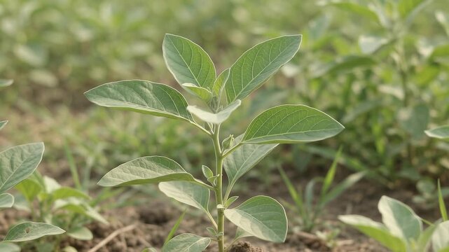 Young Withania Somnifera Plant Growing in Rich Soil Showing Botanical Growth and Dicotyledonous Leaves