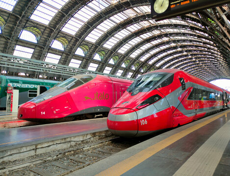 Milan, Italy - September 22, 2026: Frecciarossa, a high-speed Italian train, poised at the Milan Central Station, a major railway hub in Northern Italy.