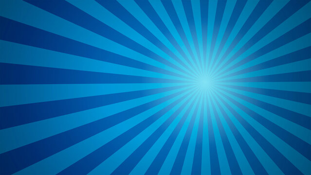 Blue sunburst radial ray beam background for retro comic modern banner poster card template graphic design