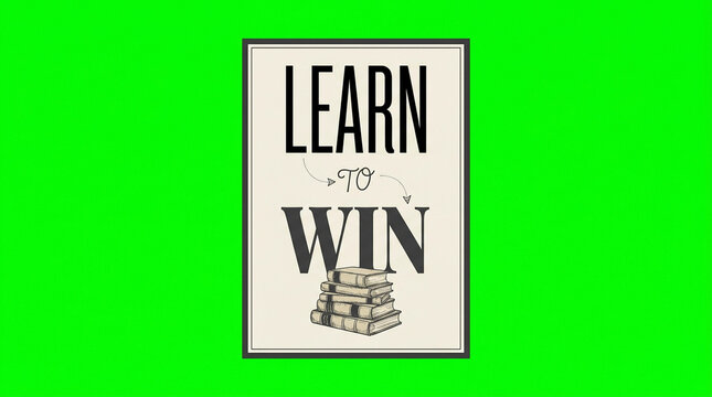 Motivational typography poster featuring bold black letters spelling learn to win stacked above vintage books against vibrant bright green background template mockup design