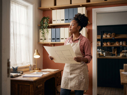 African American female bakery owner evaluating floor plan in office beside bakery display for business planning.