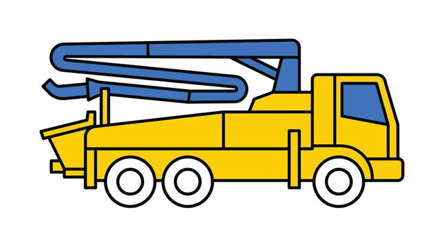 Yellow and blue concrete pump truck vector illustration with clean outline style design