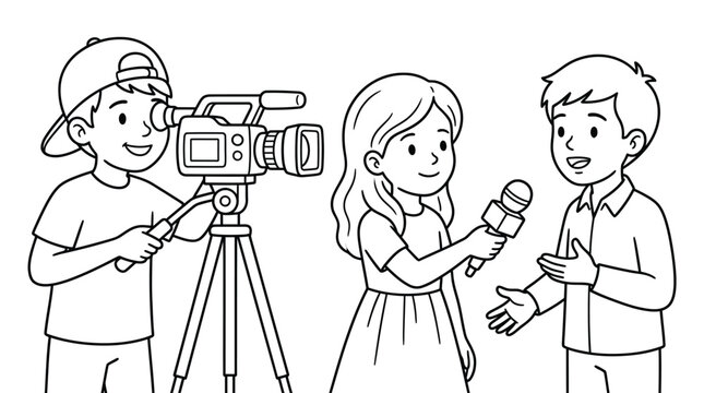 Cute children working as television crew reporters interviewing someone using camera and microphone equipment