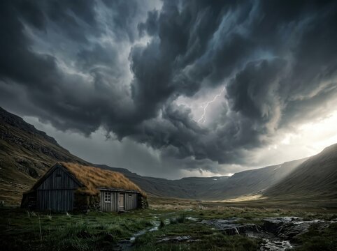 Stormy mountain valley with cabin and lightning