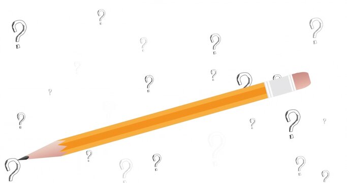 Lying orange-yellow wooden pencil pointing left on white background, with sketched question marks