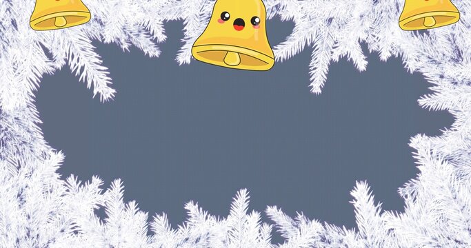 Framing slate-blue center on festive card, with frosty pine branches and three yellow bells