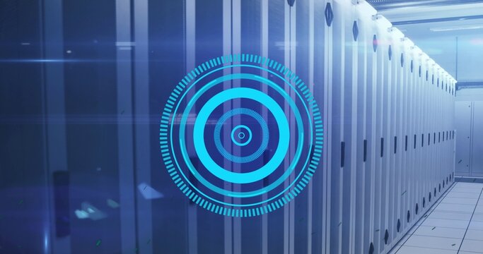 Projecting blue concentric holographic HUD floating over data center aisle, with server racks, LEDs