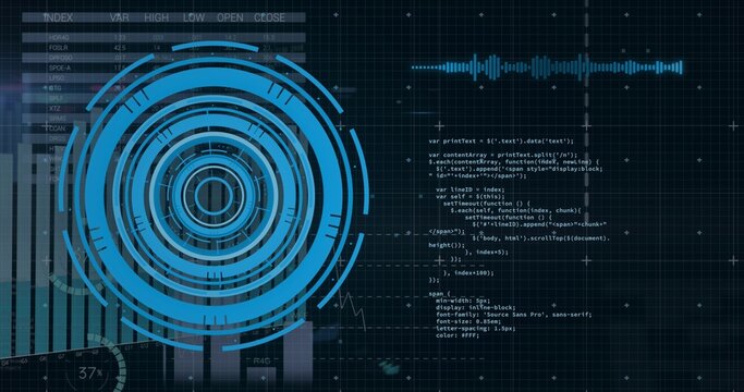 Displaying neon-blue concentric HUD rotating on console, with code, bar charts, 37% gauge