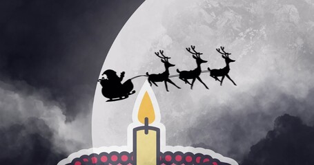 Showing lit candle on ornate base glowing nightly, full moon framing Santa hat, sleigh, 3 reindeer © vectorfusionart