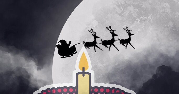 Showing lit candle on ornate base glowing nightly, full moon framing Santa hat, sleigh, 3 reindeer