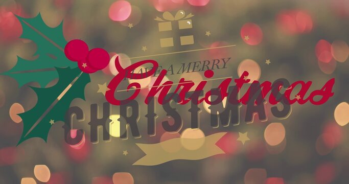 Displaying red cursive Christmas lettering over holiday bokeh background showing holly, gift, stars