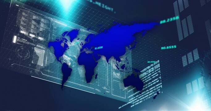 Displaying stylized blue world map tilted on virtual dashboard, with cyan flare and grid overlay