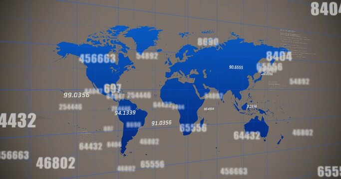 Displaying blue world map centering on gray dashboard, showing numeric overlays and gridlines