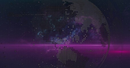 Naklejka premium Displaying pixelated globe glowing across virtual space, with magenta light band and data points