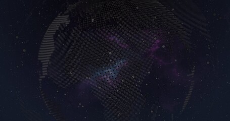 Naklejka premium Rotating dotted globe made from numeric glyphs and dot matrix, showing latitude bands in space