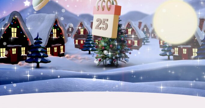 Floating hanging calendar page marked 25 swaying above snowy holiday village, with decorated tree