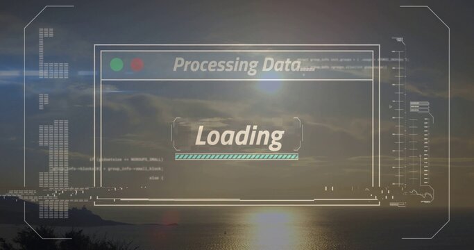 Displaying HUD loading window over coastal sunset, showing Processing Data header and turquoise bar