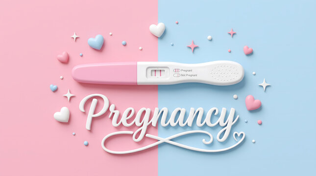 Pregnancy test with heart decoration on pastel pink and blue split background banner design layout