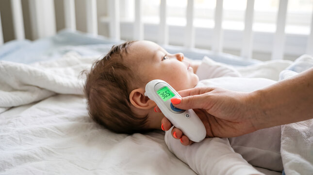 Parent checking baby temperature with infrared digital thermometer while infant lie in bright white crib