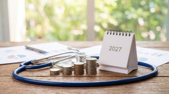 2027 Calendar with Stethoscope, Stacked Coins, and Medical Expense Budget