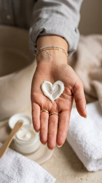 Hand holding heart shaped cosmetic cream skin care beauty self care luxury spa wellness natural product gentle touch