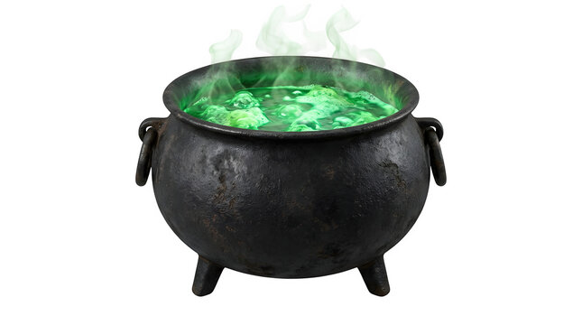 Black cast iron witch cauldron with boiling green magic potion and steam isolated on transparent background