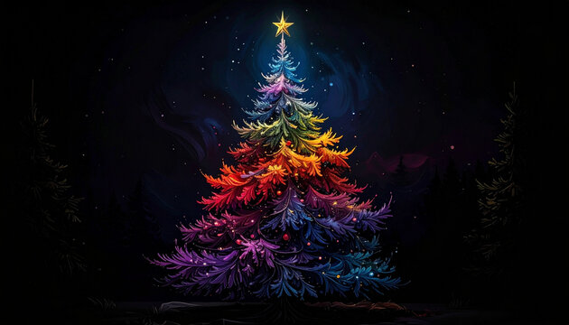 Rainbow Christmas Tree with Star in Dark Night Sky