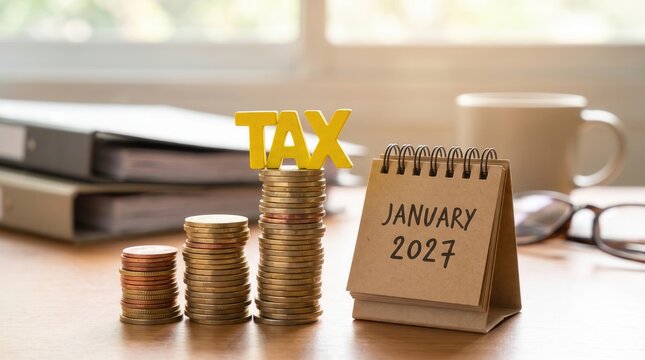 Tax Year January 2027 Due Date Planning Concept with Coin Stacks, Folders, and Desk Calendar